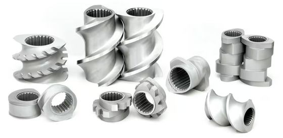 Bagian Mesin Extruder Twin Screw Co-rotating Poros Sekrup Segmen Laras dan Pengumpan Samping digunakan untuk mesin baterai lithium